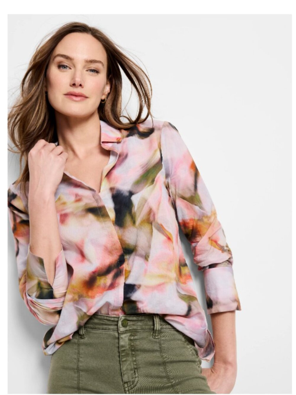 NIC+ZOE Multicolor Watercolor Button-Down Shirt in Pink, Green, Yellow, Black